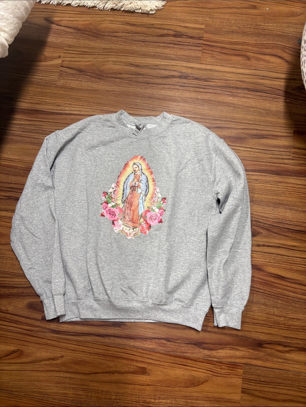 Gildan Heather Gray Sweatshirt with Colorful Virgin Mary and Pink Rose Graphic
